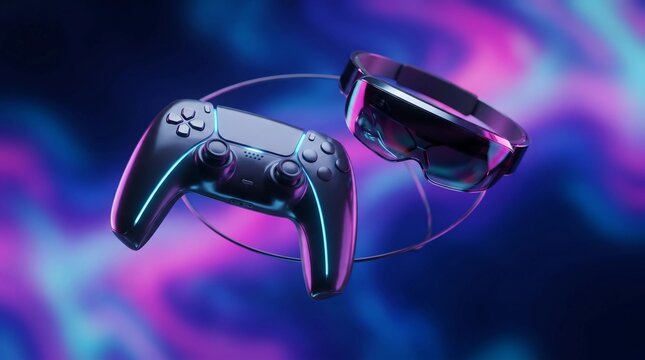 Futuristic gaming controller and VR headset, virtual reality hardware on neon abstract background, gaming gear for metaverse and esports