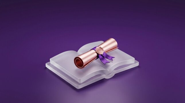 Minimalist 3D graduation diploma scroll on open glass book, elegant academic achievement concept, purple background with rose gold certificate