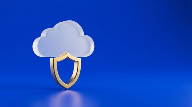 Cloud computing security icon with golden shield, 3d render of data protection concept, white glass cloud on blue background with copy space