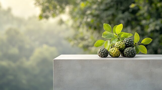 Fresh fruit on a light gray surface, green blurred background