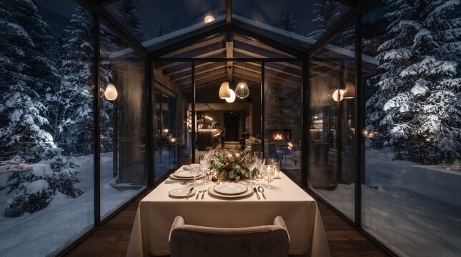 Cozy winter dining room with large windows overlooking a snowy forest landscape at night