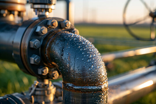 Photorealistic macro of bolted steel pipe flanges and fittings with morning dew droplets, subtle rust and paint wear, blurred green field in the background, clear daylight, industr