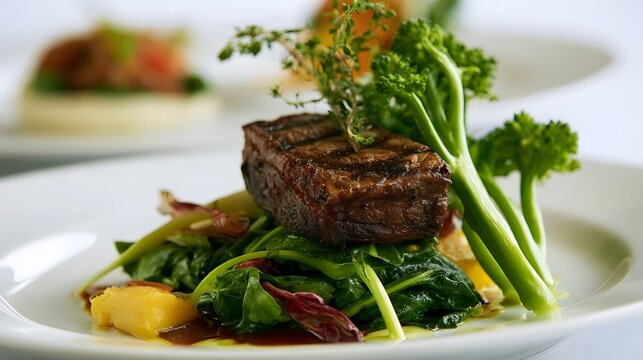 A perfectly grilled steak rests atop a bed of vibrant greens and broccolini  garnished with fresh herbs on a white plate