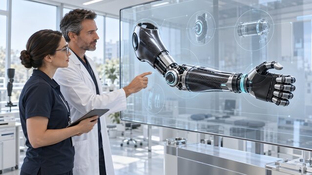 Specialists analyzing digital 3D model of bionic prosthetic arm on high tech screen