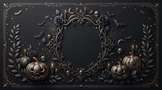 Gothic Halloween frame with ornate black pumpkins and skulls, dark baroque floral border for spooky invitations, elegant macabre holiday background