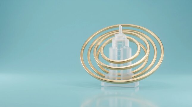 Minimalist skyscraper model with golden concentric rings, architectural glass building sculpture, modern urban development concept on blue background