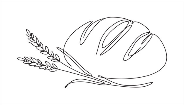 Bread loaf with wheat ears in continuous line drawing style for organic bakery branding and food packaging design.