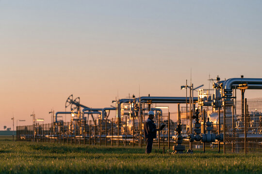 Photorealistic editorial photograph of a fenced oil and gas production site along the bottom third of the frame, technician inspecting a wellhead, wide empty pale morning sky acros