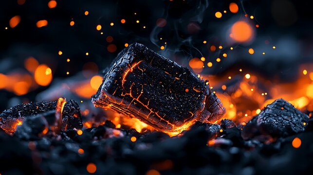 Glowing coal with sparks and embers. Close-up shot