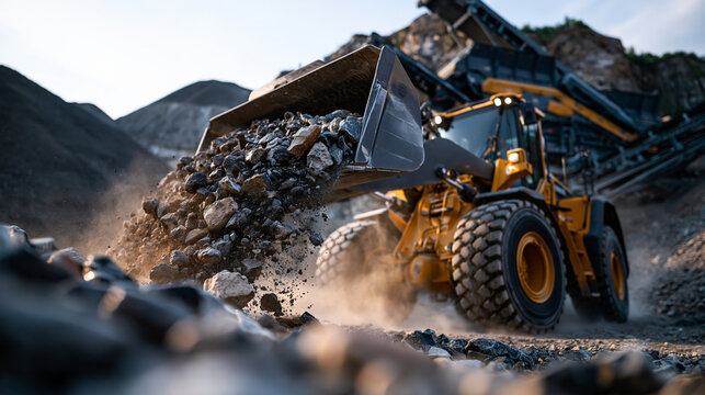 Photorealistic editorial industrial photograph of a wheel loader feeding blasted stone into a guarded primary crusher at a European aggregate quarry, medium shot, graded stockpiles