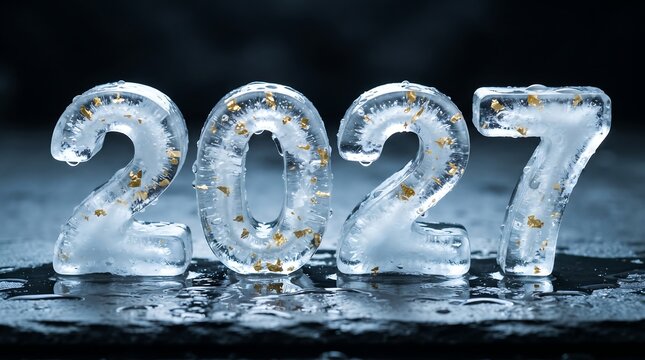 Melting ice numerals forming 2027 with trapped gold leaf flakes and water droplets on wet black slate