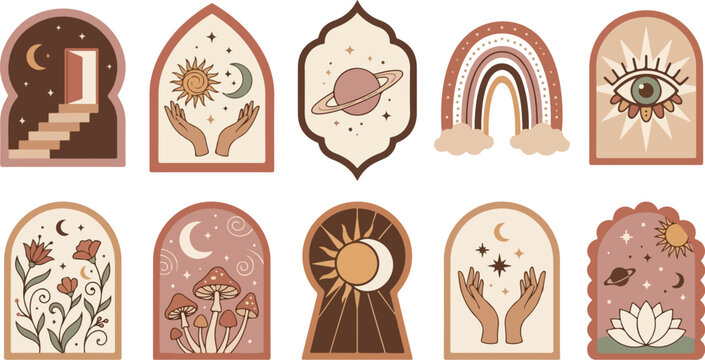 celestial boho arch illustrations with sun moon planets rainbow evil eye mushrooms and botanical designs
