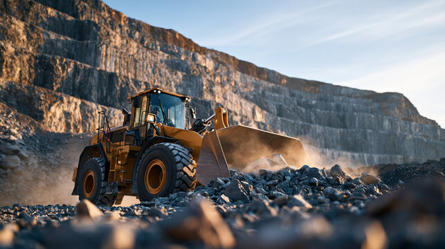 Photorealistic editorial industrial photograph of a wheel loader working a muck pile of blasted stone at the base of a quarry face, terraced limestone benches rising behind, medium