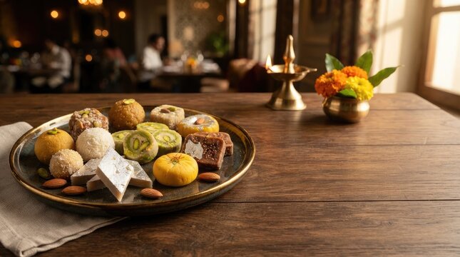 Assorted traditional indian mithai platter featuring barfi and laddoo with oil lamp on wooden table for festive feast.