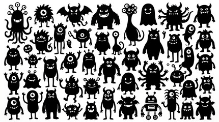 Obraz premium Diverse Collection of Hand-drawn Monster Silhouettes with Playful Expressions for Creative Projects