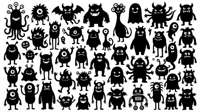 Diverse Collection of Hand-drawn Monster Silhouettes with Playful Expressions for Creative Projects