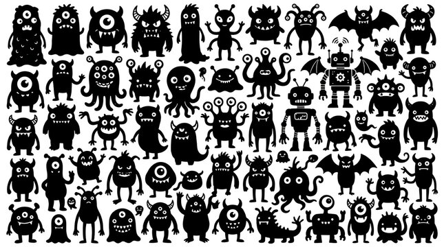 Collection of Silhouettes of Various Funny and Spooky Monsters, Perfect for Halloween and Kids' Designs