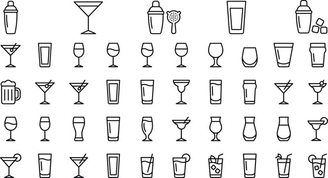 Alcoholic beverages line icon set featuring cocktail glasses bar shakers beer mugs and nightlife party menu symbols