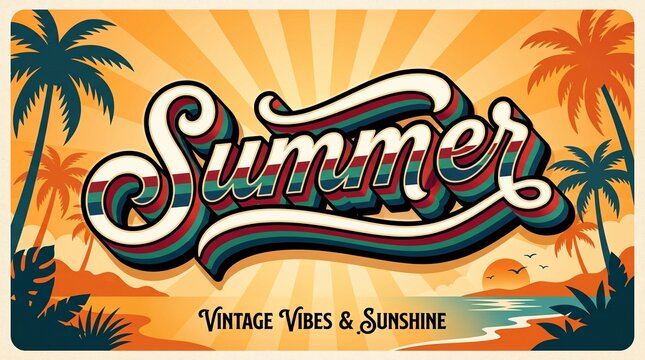 Vintage Summer Postcard Illustration with Retro Typography, Palm Trees, Beach Sunset, and Sunburst Background