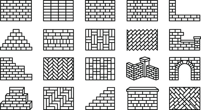Brick wall patterns and masonry structure bond style line icon vector set for construction and architecture industry