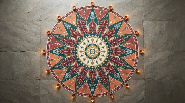 Circular rangoli artwork with diya lamps on stone surface featuring intricate colorful star patterns for indian decor.