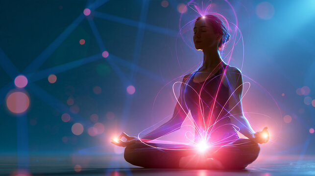 Faceless serene woman in cosmic meditation with geometric patterns, spiritual consciousness concept, with copy space