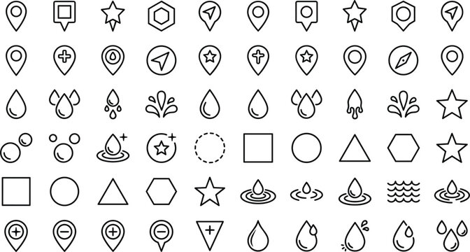 Map pin location pointers water drop splashes and basic geometric shape outline icons vector mega set