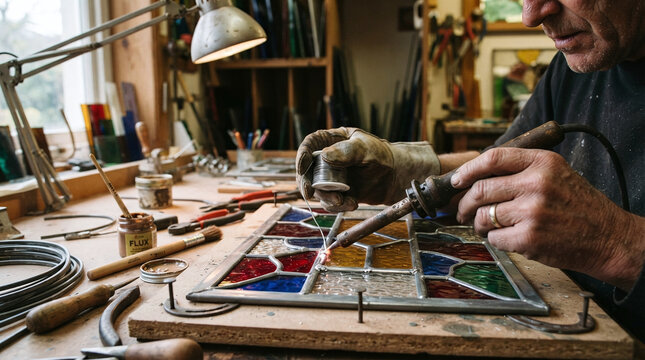 Stained glass artisan hands soldering lead came joints with iron workshop