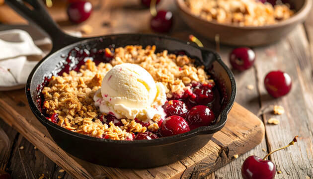 Close-up shot of single serving cherry crumble served hot in cast iron skillet for web banner.