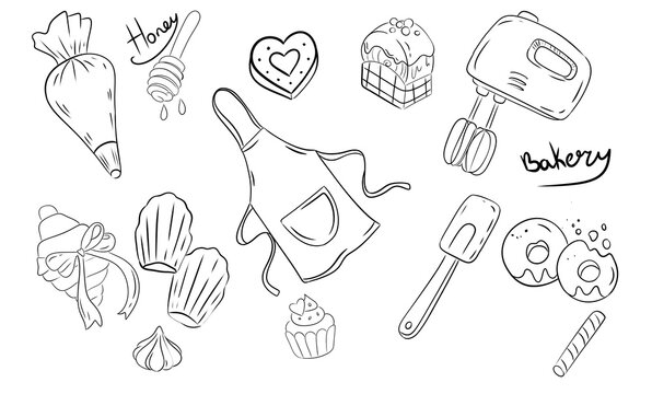 Baking tools and sweets doodle set with hand mixer apron pastry bag cupcakes glazed cake and honey dipper line art vector illustration
