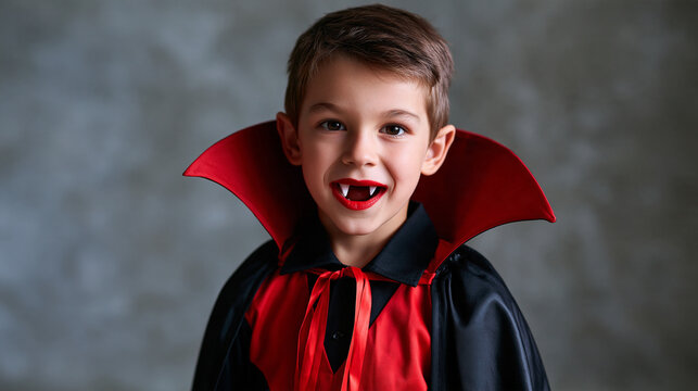 Preparing for Halloween, boy dressed as a vampire getting ready for the celebration, spooky costume concept, with copy space