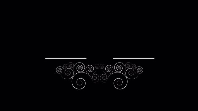 Elegant white filigree flourish decorative border element on black background.