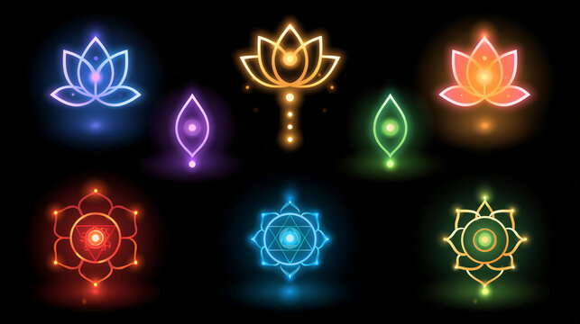 Chakra yoga symbols with glowing lotus flowers, spiritual wellness illustration set, with copy space