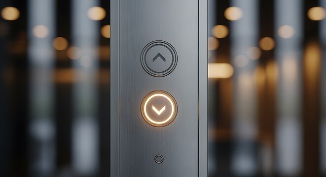 Modern Brushed Metal Elevator Control Panel with a Glowing Down Arrow Button