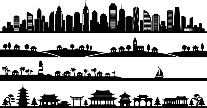 black city skyline silhouette collection with modern skyscrapers, coastal town, palm trees, lighthouse and sailboat