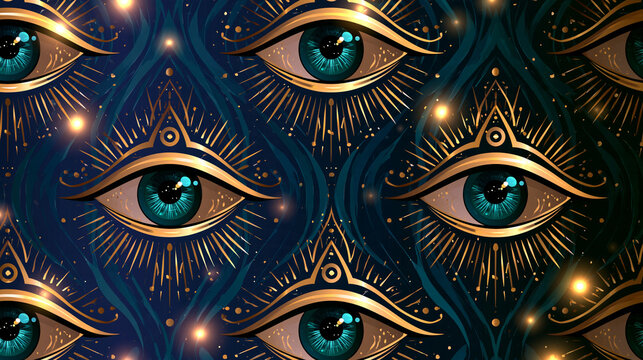 Mystical stylized eyes with a third eye symbol, spiritual esoteric design, with copy space