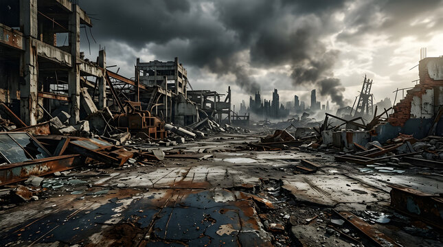 Post-apocalyptic cityscape with ruins and dark stormy clouds.