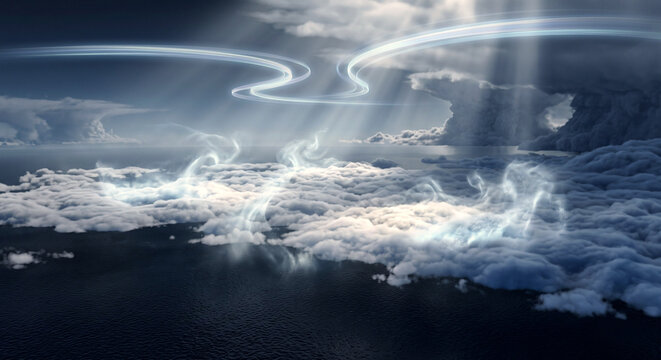 Marine stratocumulus cloud brightening over a dark ocean with aerosol particles, jet stream ribbons, and storm systems at the horizon.