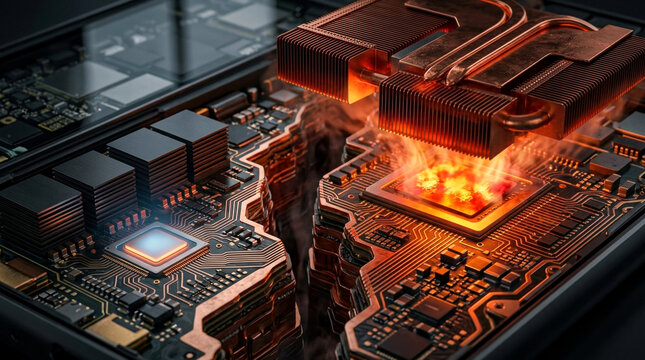 Smartphone chip cutaway showing efficient processor core beside an overbuilt flagship core dumping heat into a vapor chamber.