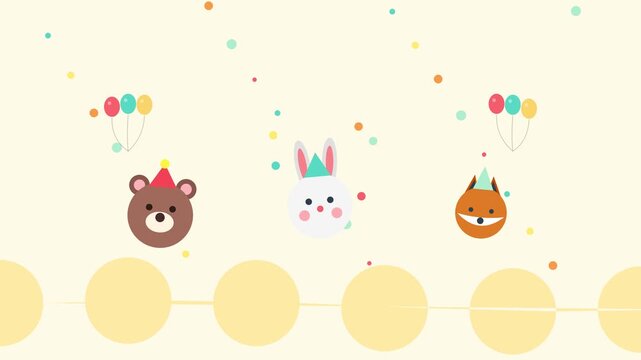 Happy Birthday Celebration Greeting with Cute Animals and Balloons