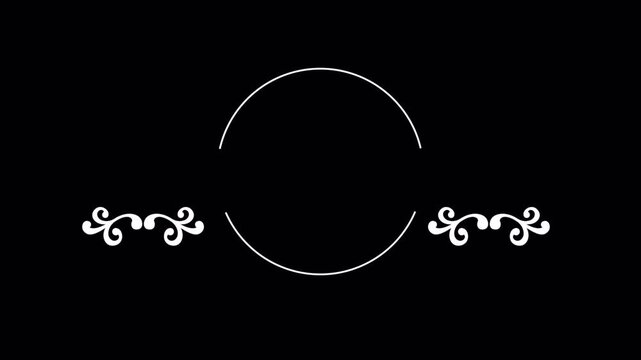 Minimalist circular frame with elegant scroll ornaments on a solid black background.