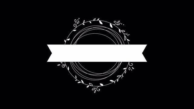 Minimalist hand drawn circular floral wreath frame with banner overlay on black background.