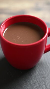 Rotating cups of hot chocolate on wooden table