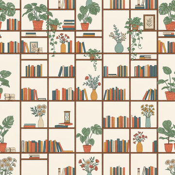 Colorful bookshelves with potted plants in modern library setting