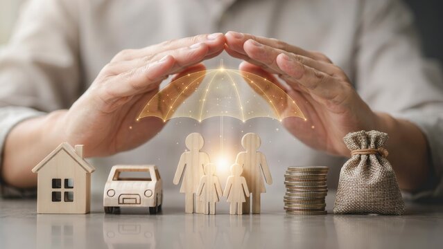 Hands protecting miniature wooden figures, house, car, and coins under a glowing umbrella symbol. This graphic illustrates family insurance and asset protection concepts for financial security ads.