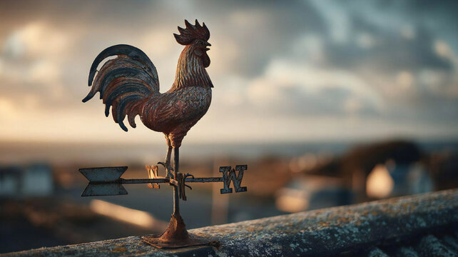Rusty rooster weathervane with directional arrow against a dramatic cloudy sunset sky and blurred rooftops. Generated by AI.
