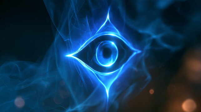 Third eye chakra symbol with a glowing blue aura and smoke, mystical spiritual design, with copy space