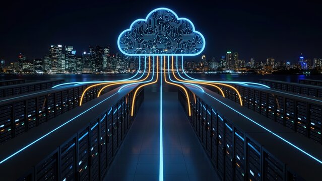 Futuristic glowing cloud symbol connecting server racks with data streams in a modern data center at night. Ideal for cloud computing and IT infrastructure concepts.
