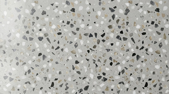 Close-up of grey terrazzo stone surface texture with embedded black and white mineral chips grey background polished stone floor tile wall material terrazzo