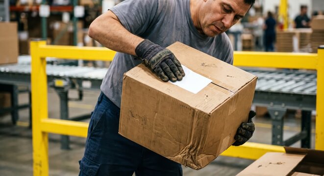 Warehouse worker handling cardboard box with label logistics
